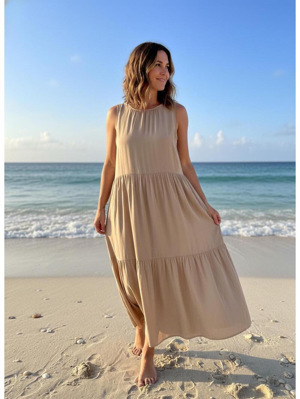 Laurie Felt Women's Dress Sleeveless Tiered Maxi Tan Beach Vacation Festival XL